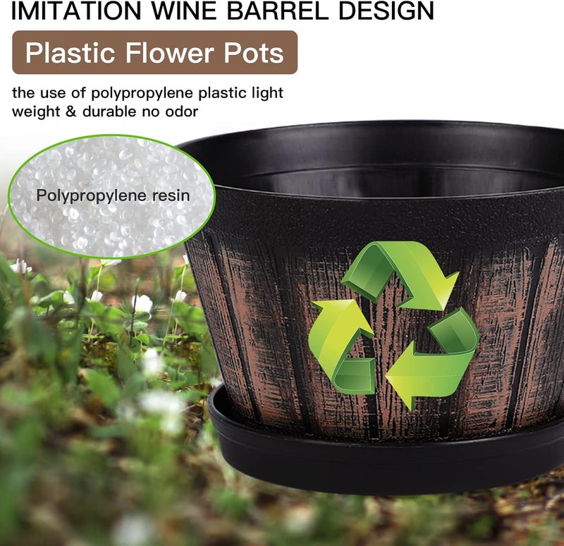Quarut 6 inch Brown Barrel Planters with Drainage Holes & Saucer, Set of 4, Indoor & Outdoor Garden Home Plants - Image 4